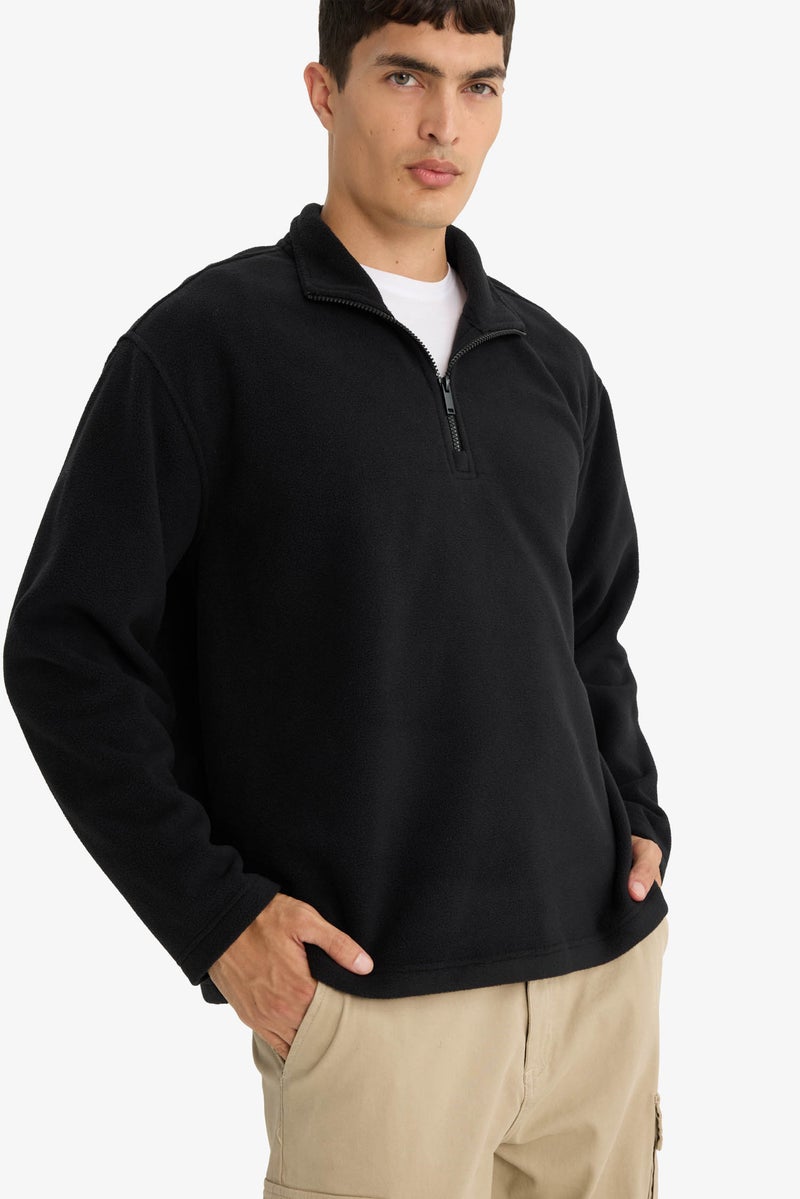DeFacto Black Man Relax Fit Half Zippered Fleece Sweatshirt Casual - Image 4